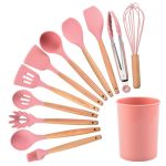 Set 12 ustensile de gatit din silicon, maner rezistent din bambus-verde