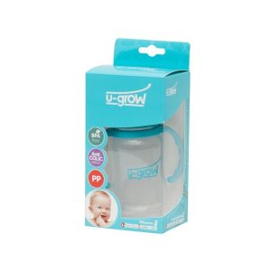 Biberon U-Grow A-1077 din sticla cu gat larg si protectie plastic moale, 3-6 luni, 180 ml