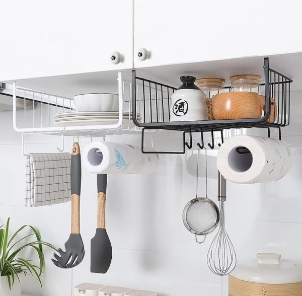 Cos metalic motare sub raft sau masa birou, cu agatator de pahare, cartie si can, 29x24.5x18.5