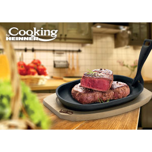 Platou servire oval Cooking by Heinner, maner detasabil si baza din lemn, fonta, 24 x 14 cm