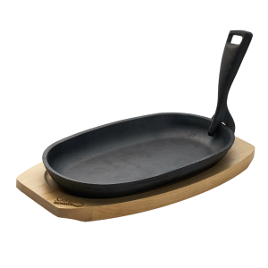 Platou servire oval Cooking by Heinner, maner detasabil si baza din lemn, fonta, 24 x 14 cm