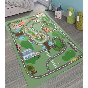 Covor Copii cu Strazi, Model Oras, Verde, Antiderapant
