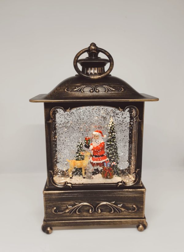 Felinar muzical cu ren si mos craciun cu zapada in miscare 23cm