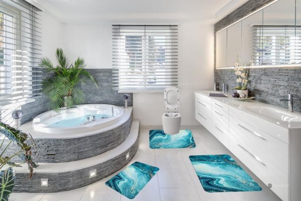 Covoare Pentru Baie, 3 Piese, Antiderapante model albastru abstractie