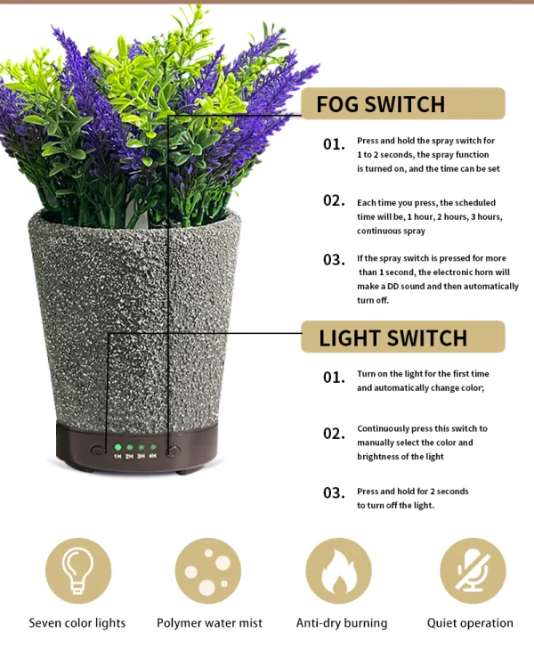 Umidificator aromaterapie in forma de ghiveci cu flori, 7 culori programabil, oprire automata