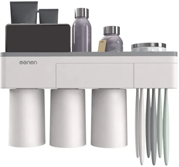 Suport 3 pahare magnetice si dispenser pasta de dinti cu 6 periute