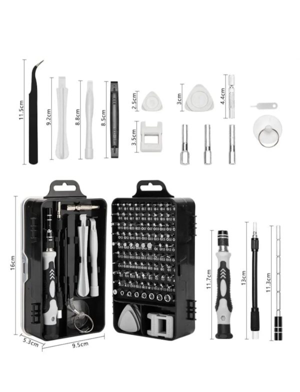 Set trusa de scule cu 115 piese de precizie si o surubelnita flexibla, pentru reparare electrocasnice de mici dimensiuni