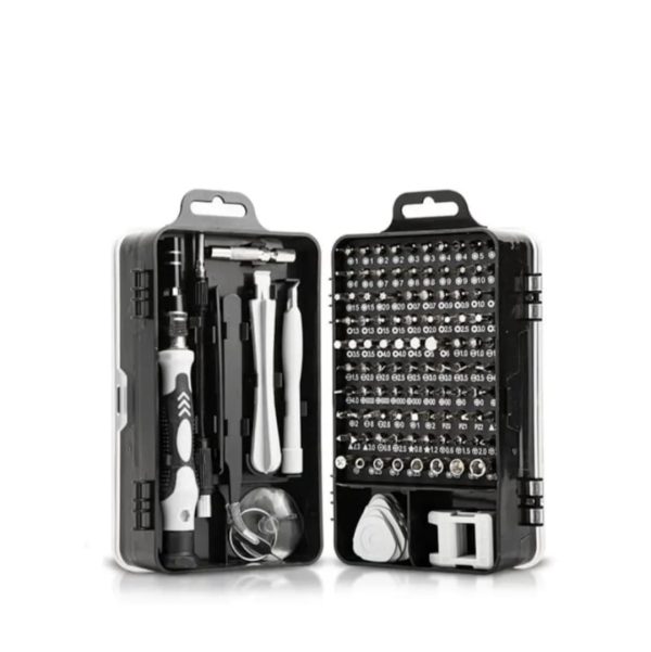 Set trusa de scule cu 115 piese de precizie si o surubelnita flexibla, pentru reparare electrocasnice de mici dimensiuni
