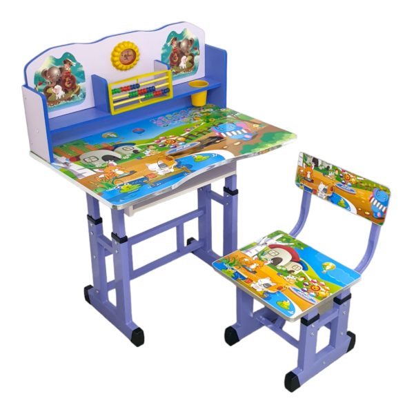 Birou cu scaun pentru copii, reglabil, cadru metalic si lemn, Albastru