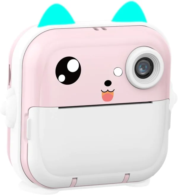 Aparat foto digital cu imprimare termica pentru copii, focalizare automata, display color de 2,4 inch 1080P Full HD, ROZ